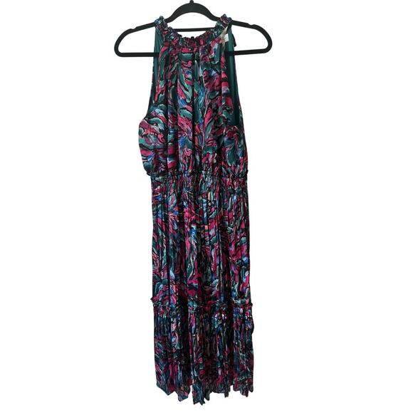 Nicole Miller Abstract Midi Dress Multicolor Boho Sleeveless Ruched Size L - Picture 1 of 6